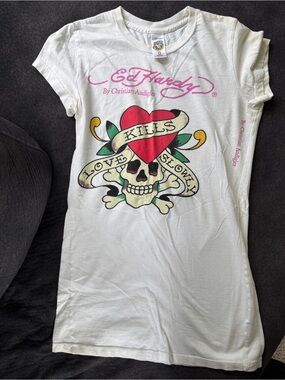 Ed Hardy White Womens Tee with Pink Logo